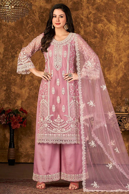 Baby Pink Net Semi Stitched Palazzo Pant Suit NCSM10510392