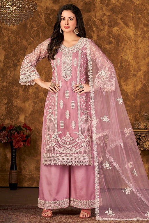 Baby Pink Net Semi Stitched Palazzo Pant Suit NCSM10510392