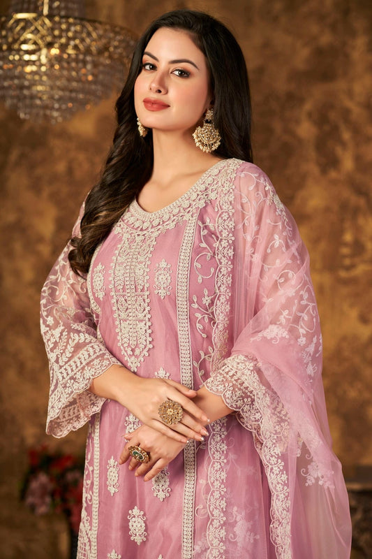 Baby Pink Plazoo Pant SuitNet Semi Stitched  NCSM10510234