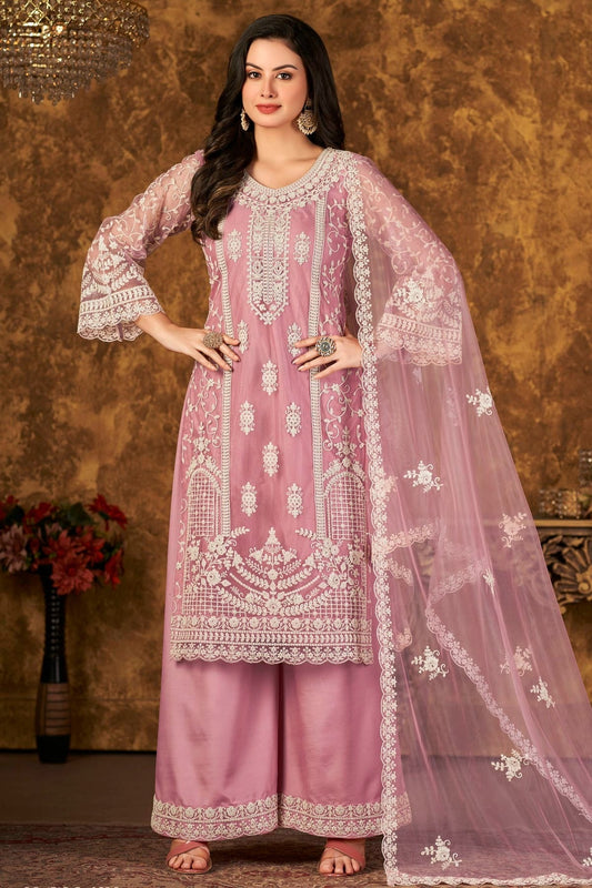 Baby Pink Plazoo Pant SuitNet Semi Stitched NCSM10510234