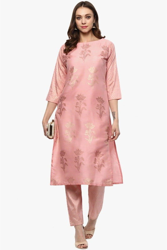 Baby Pink Plus Size Poly Silk Straight Kurta With Pant NCKR10610145