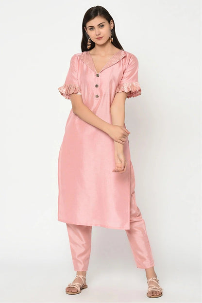 Baby Pink Plus Size Poly Silk Straight Kurta With Pant  NCKR10610146