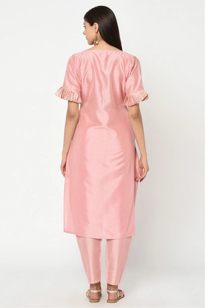 Baby Pink Plus Size Poly Silk Straight Kurta With Pant  NCKR10610146