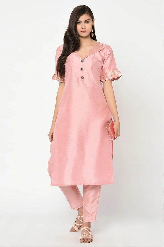 Baby Pink Plus Size Poly Silk Straight Kurta With Pant NCKR10610146