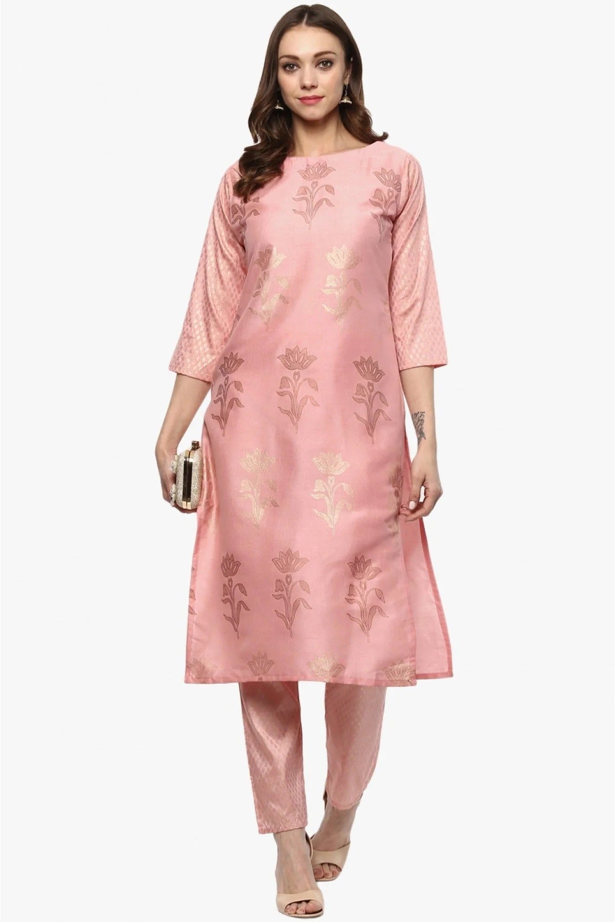 Baby Pink Plus Size Poly Silk Straight Kurti NCKR10610183