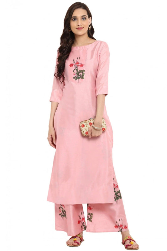 Baby Pink Plus Size Poly Silk Straight Kurti NCKR10610184
