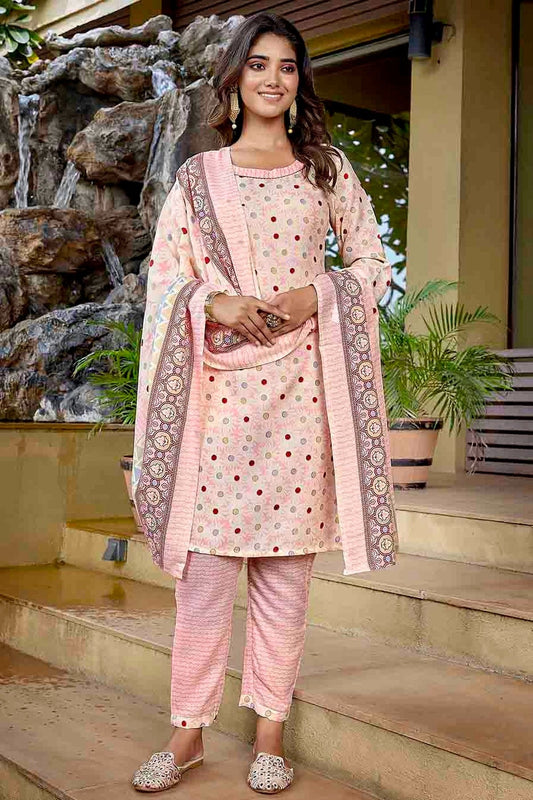 Baby Pink Printed Cotton Blend Pant Style Suit NCSS11110515