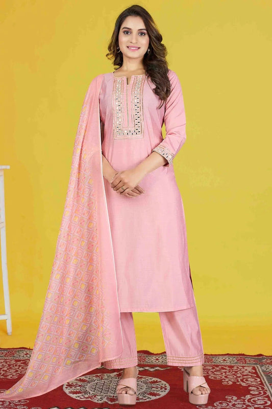 Baby Pink Roman Silk Stitched Pant Style Suit NCSS11410185