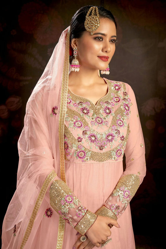 Baby Pink Semi Stitched Butterfly Net Anarkali Suit NCSM11410535