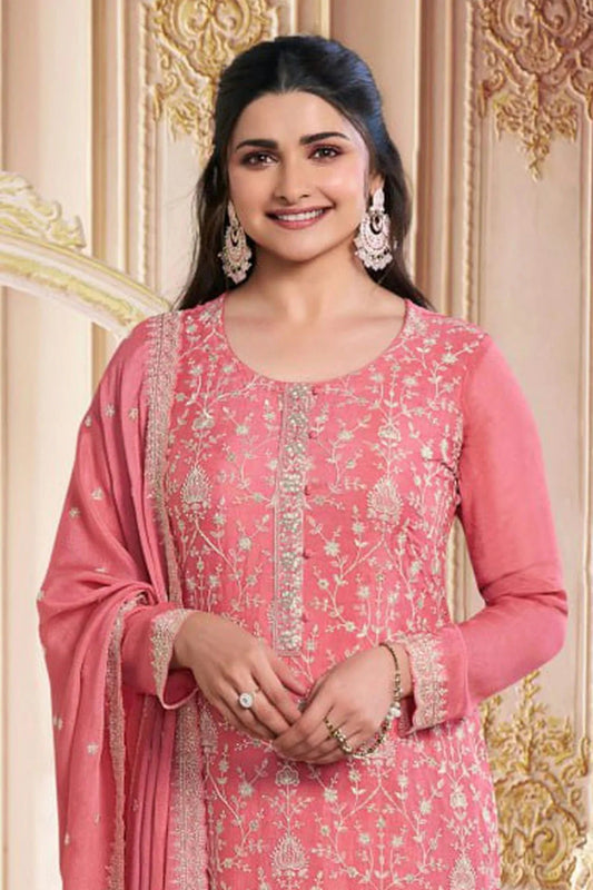 Baby Pink Semi Stitched Chinon Silk Pant Style Suit NCSM11410495