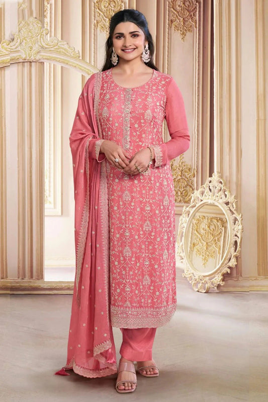 Baby Pink Semi Stitched Chinon Silk Pant Style Suit NCSM11410495