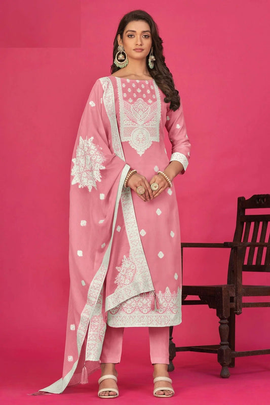 Baby Pink Semi Stitched Jacquard Straight Suit NCSM11410504