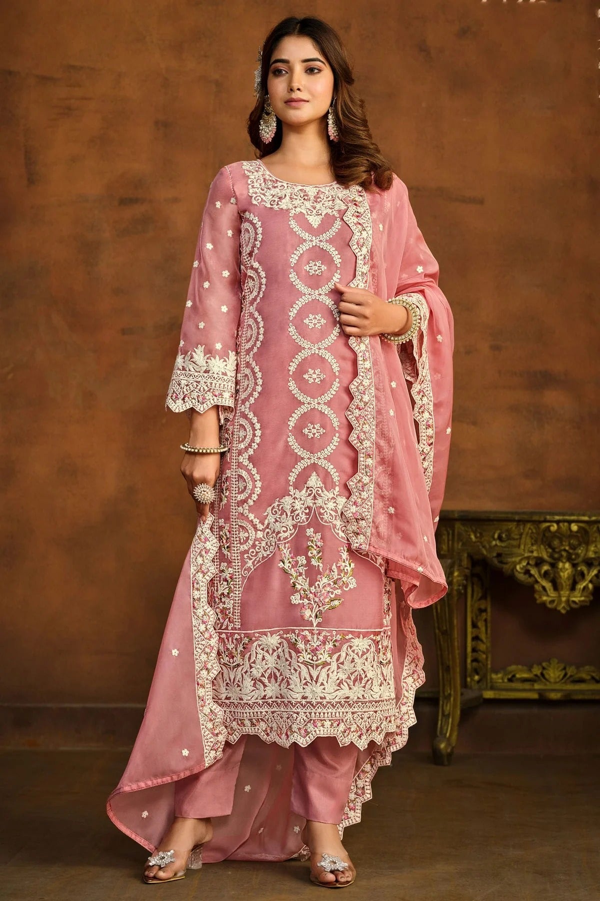 Baby Pink Semi Stitched Organza Pant Style Suit NCSM10510296