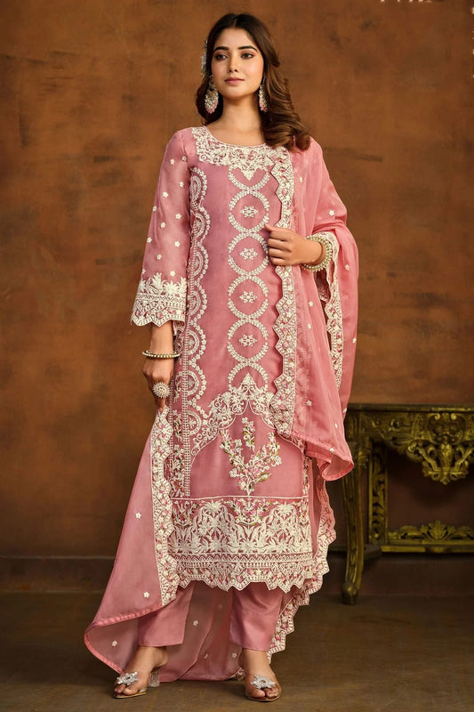 Baby Pink Semi Stitched Organza Pant Style Suit NCSM10510296