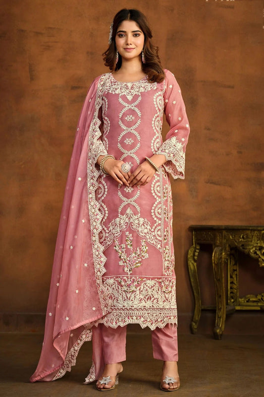Baby Pink Semi Stitched Organza Pant Style Suit NCSM10510296