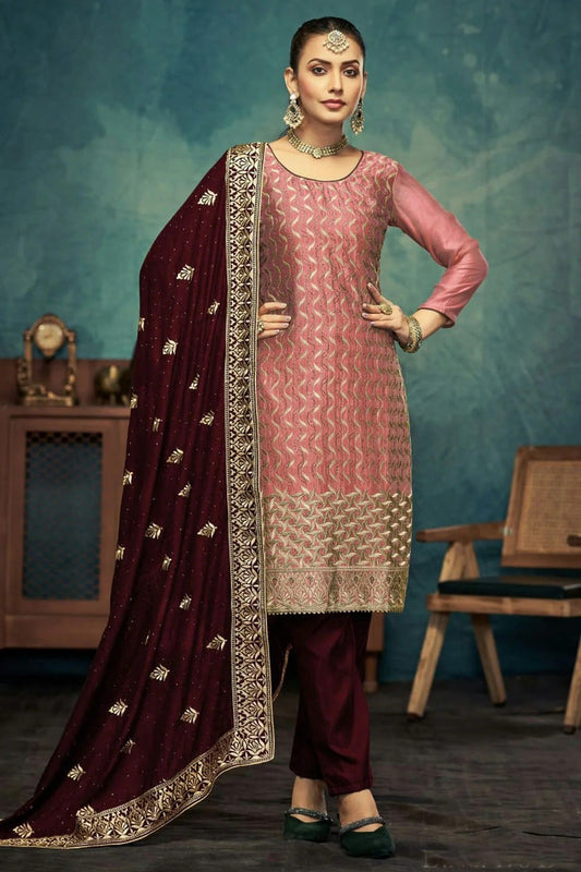 Baby Pink Semi Stitched Vichitra Silk Pant Style Suit NCSM11410413