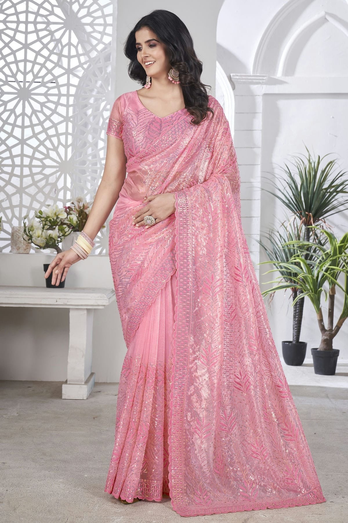 Baby Pink Tissue Net Designer Saree NCSD11111210