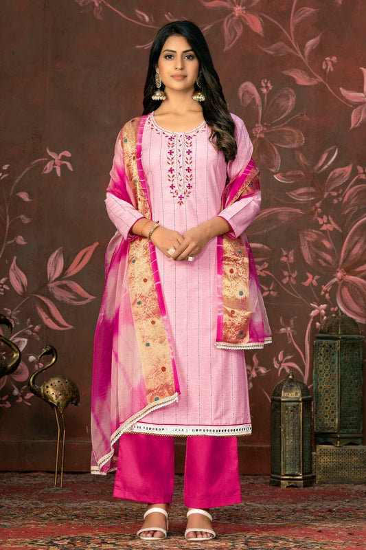 Baby Pink Unstitched Cambric Cotton Plazzo Pant Suit NCUS11610406
