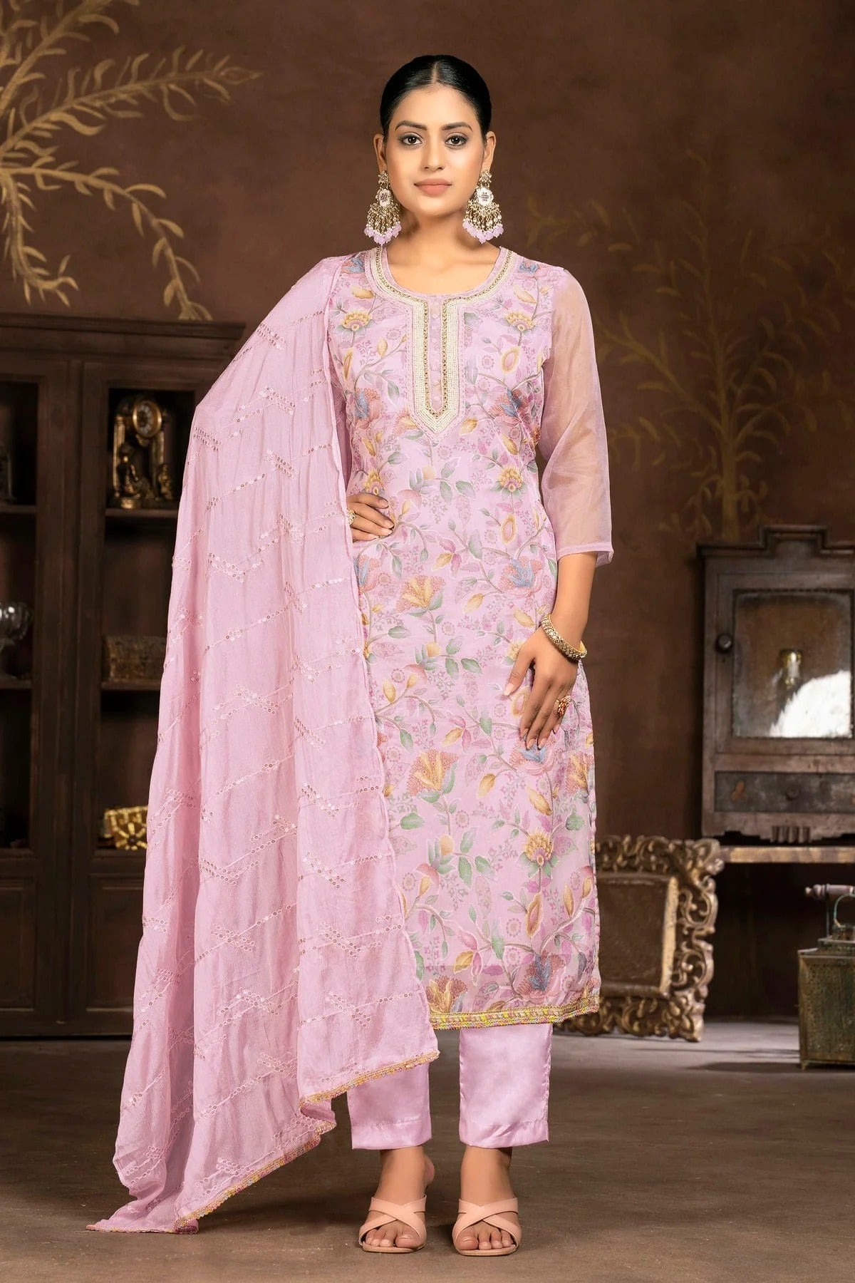 Baby Pink Unstitched Organza Pant Style Suit NCUS11610121