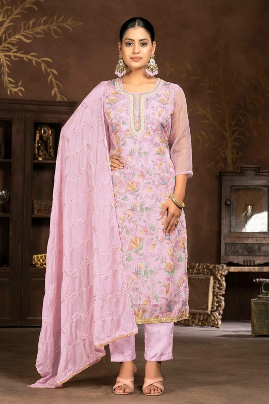 Baby Pink Unstitched Organza Pant Style Suit NCUS11610121