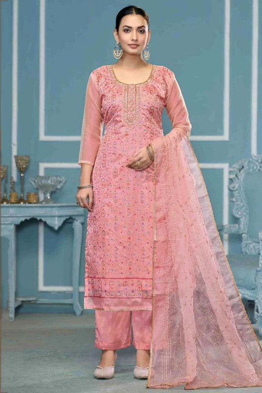 Baby Pink Viscose Organza Pant Style Suit NCSM11110734