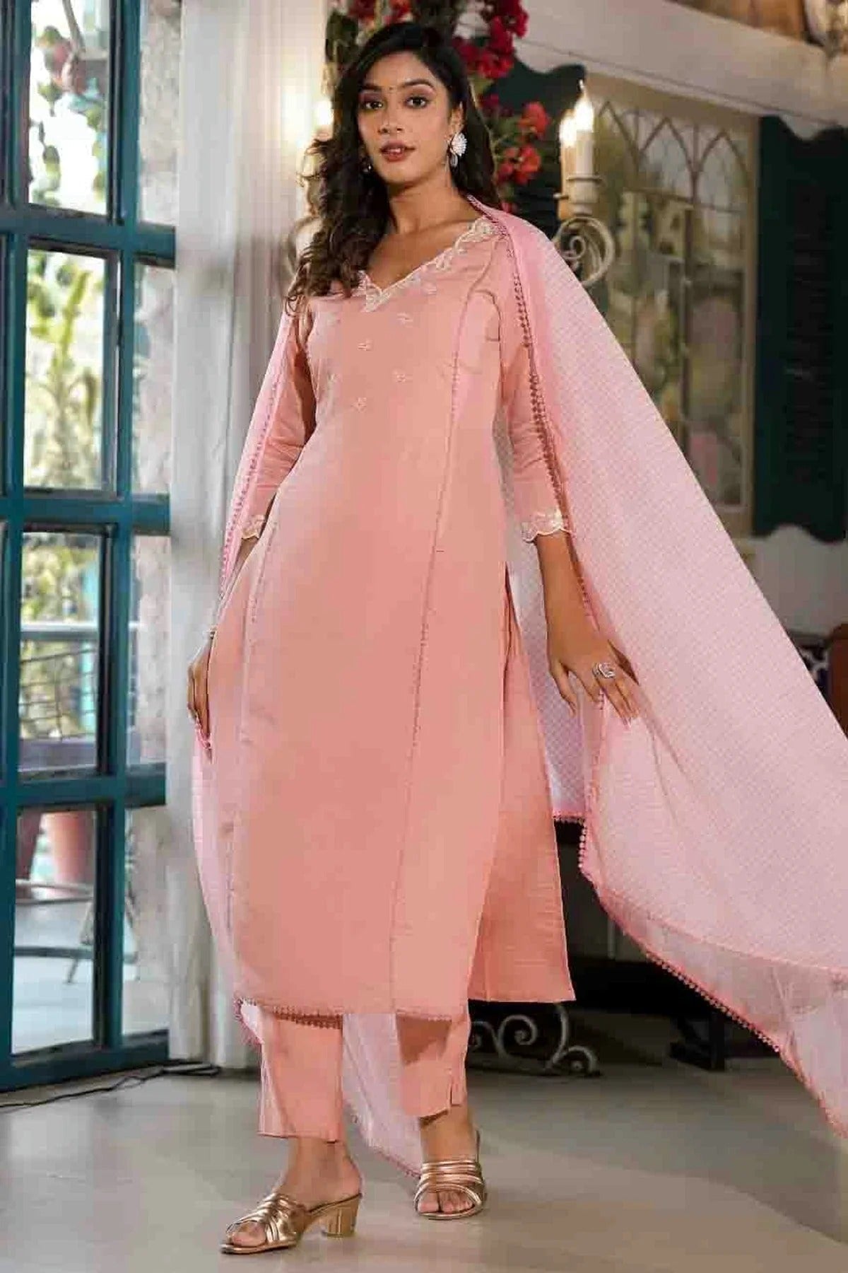 Baby Pink Viscose Silk Stitched Pant Style Suit NCSS11410284