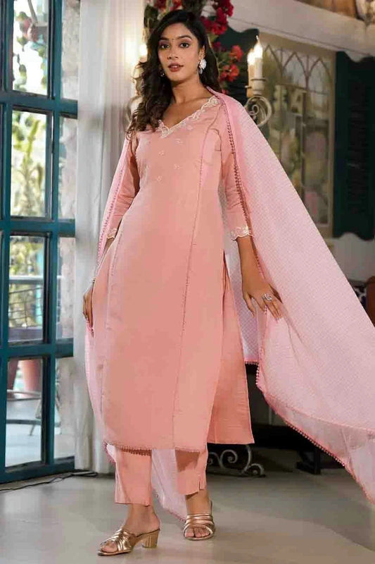 Baby Pink Viscose Silk Stitched Pant Style Suit NCSS11410284