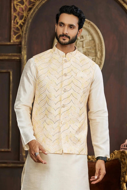 Beige Art Silk Kurta PajamaWith Jacket  NCKP12310111