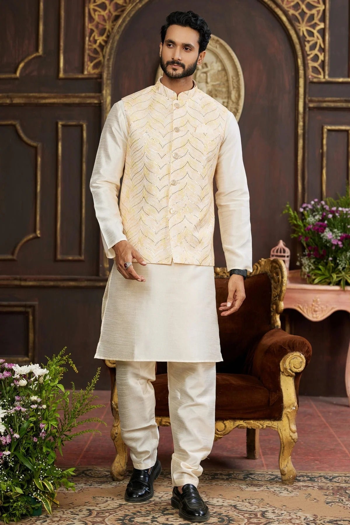 Beige Art Silk Kurta PajamaWith Jacket NCKP12310111