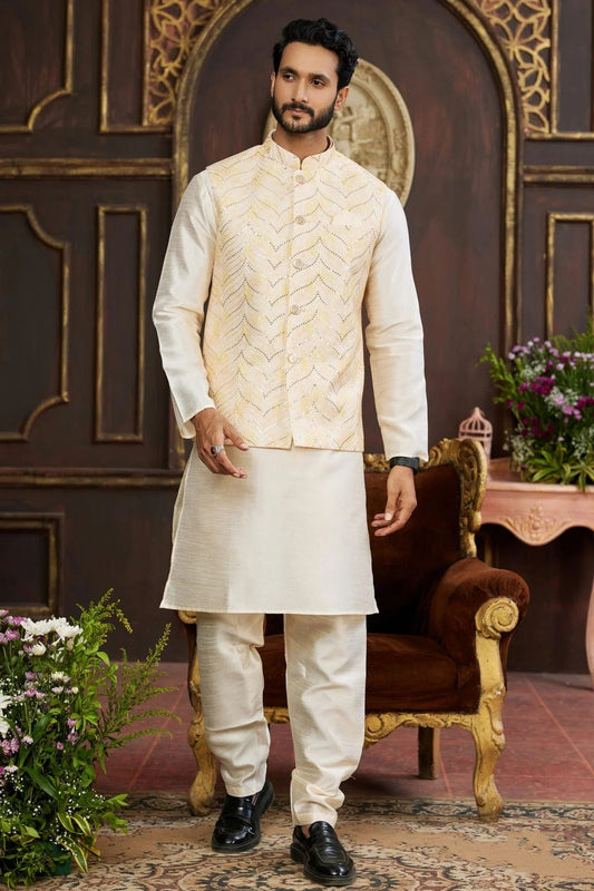 Beige Art Silk Kurta PajamaWith Jacket NCKP12310111