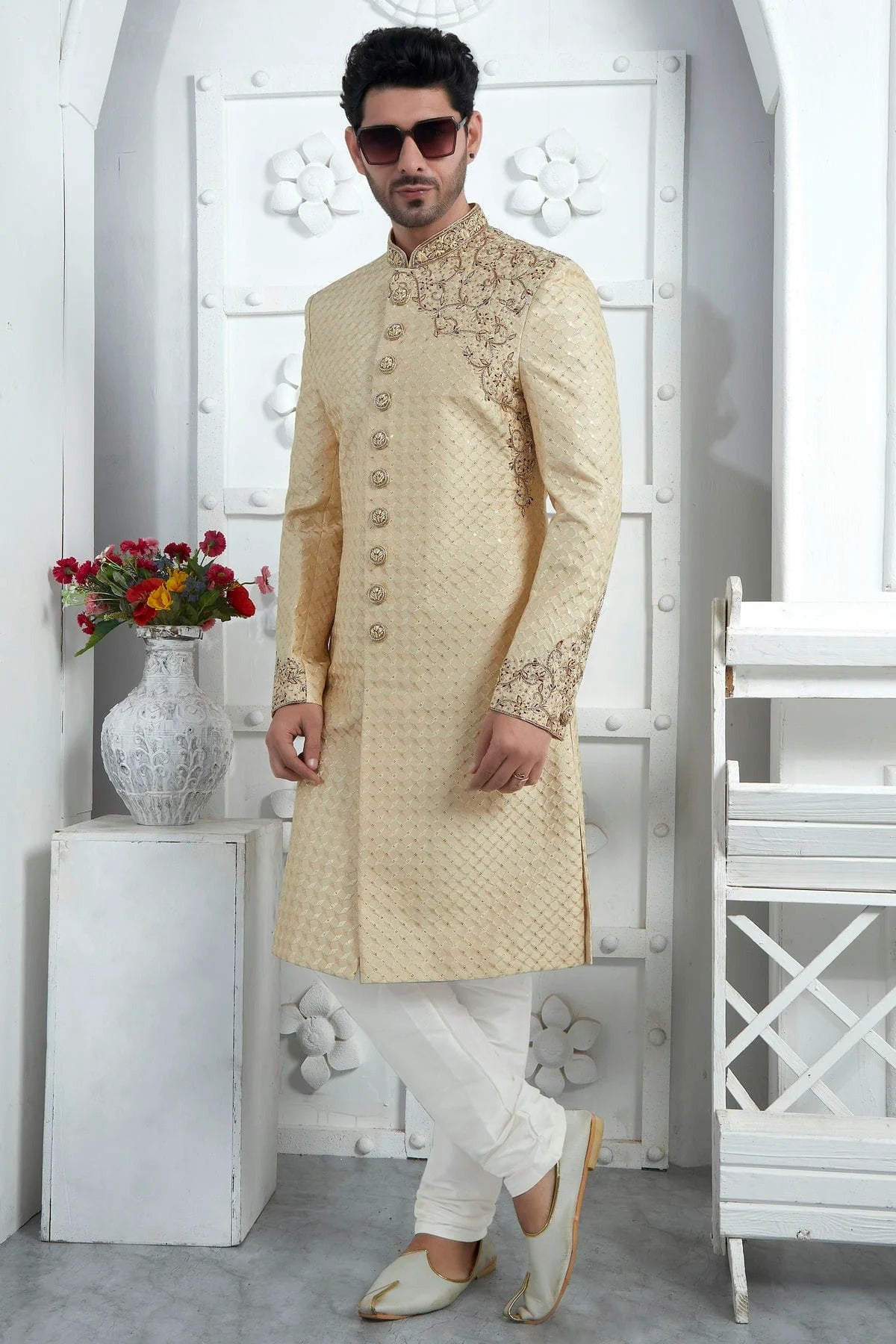 Beige Art Silk Sherwan With Churidar Pant  NCSH12310301