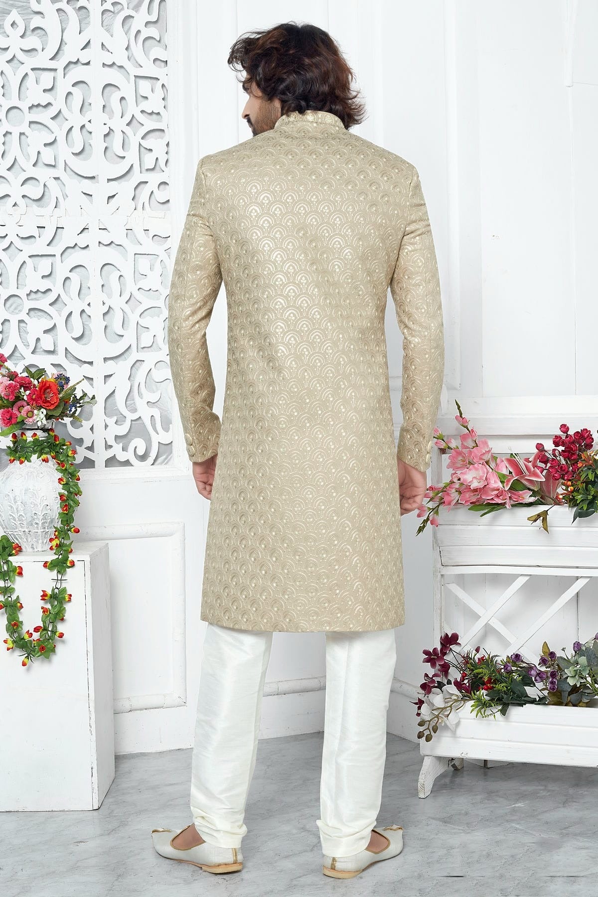 Beige Art Silk Sherwan With Churidar Pant  NCSH12310313