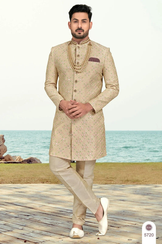Beige Banarasi Silk Sherwani NCSH10410286
