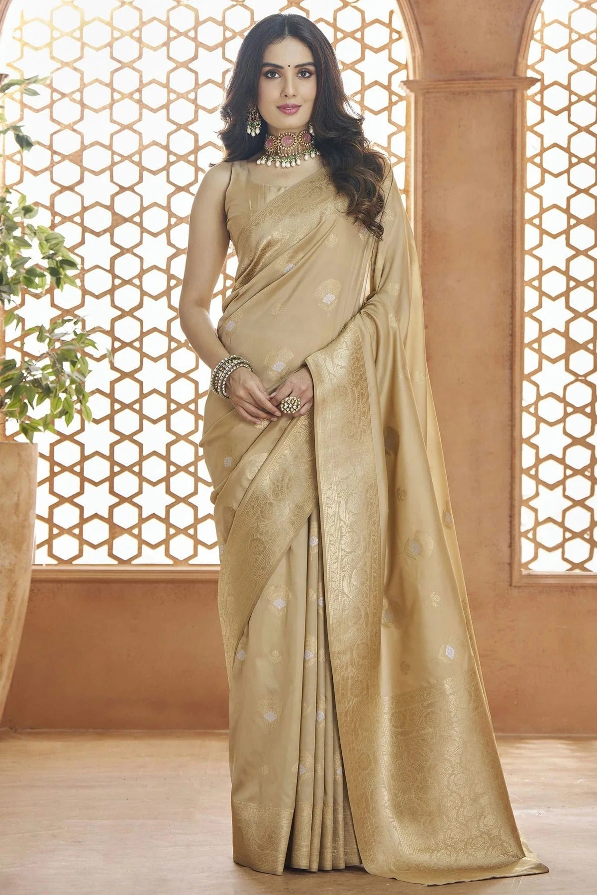 Beige Banarasi Silk Traditional Saree NCSD11112238