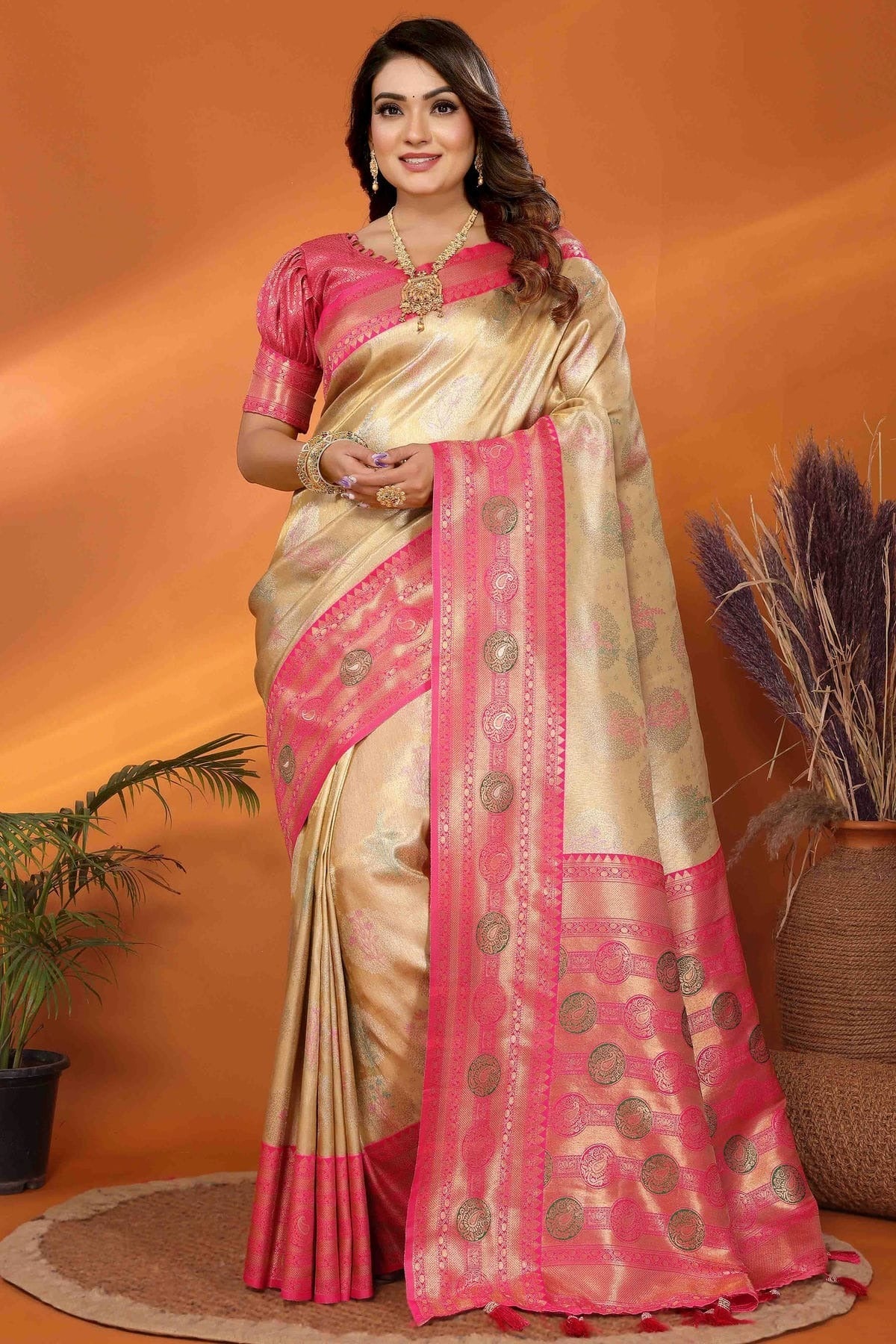 Beige Banarasi Tissue Silk Traditional Saree NCSD11110808