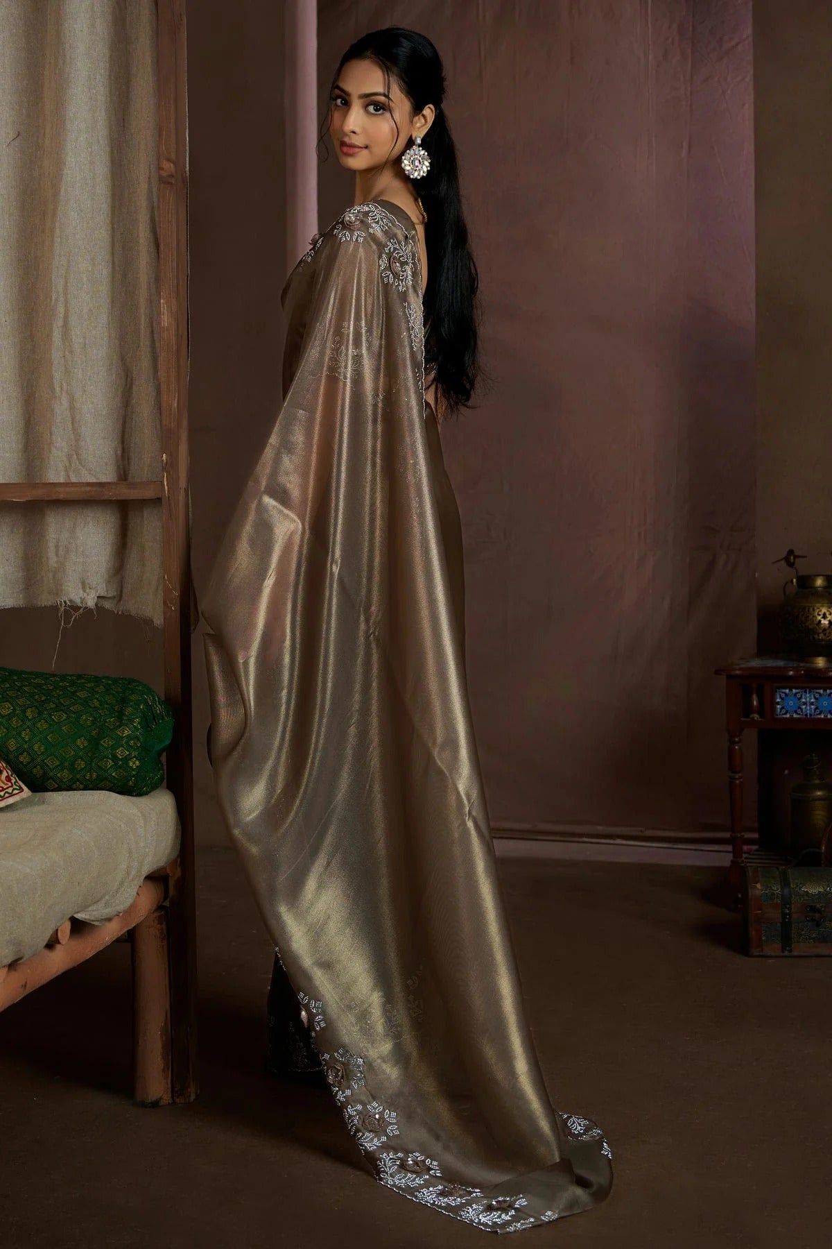 Beige Brown Jute Coting Silk Designer Saree NCSD11210195
