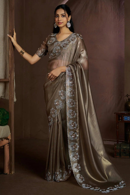 Beige Brown Jute Coting Silk Designer Saree NCSD11210195