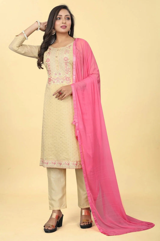 Beige Chanderi Silk Pant Style Suit NCSM11112382