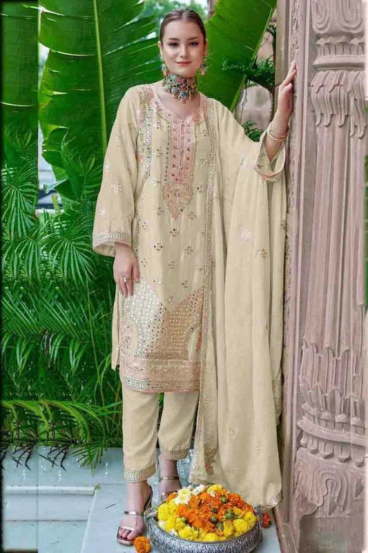 Beige Chinon Silk Pakistani Suit NCSM11410229