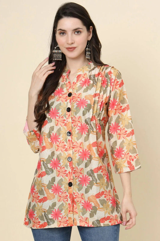Beige Cotton Printed Readymade Top NCTP11112303
