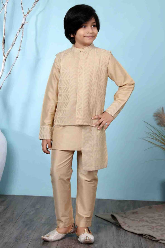 Beige Handloom Silk Kurta PajamaWith Jacket NCBW10710707