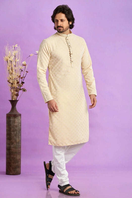 Beige Jacquard Art Silk Pintex Kurta Pajama NCKP12310174