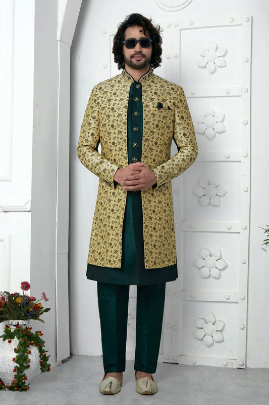 Beige Jacquard Silk Indowestern Sherwan With Aligadhi Pant  NCSH12310329