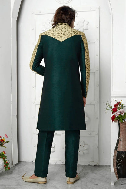 Beige Jacquard Silk Indowestern Sherwan With Aligadhi Pant  NCSH12310329