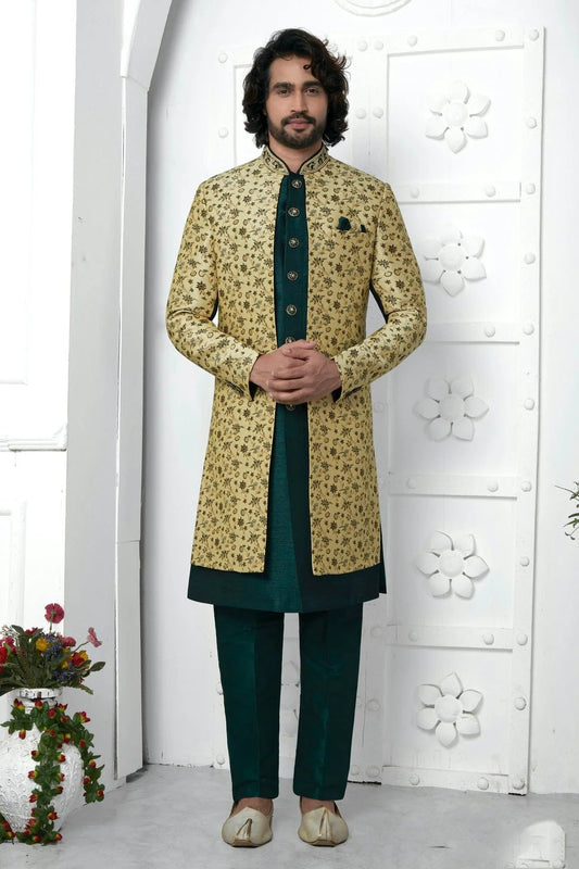 Beige Jacquard Silk Indowestern Sherwan With Aligadhi Pant NCSH12310329