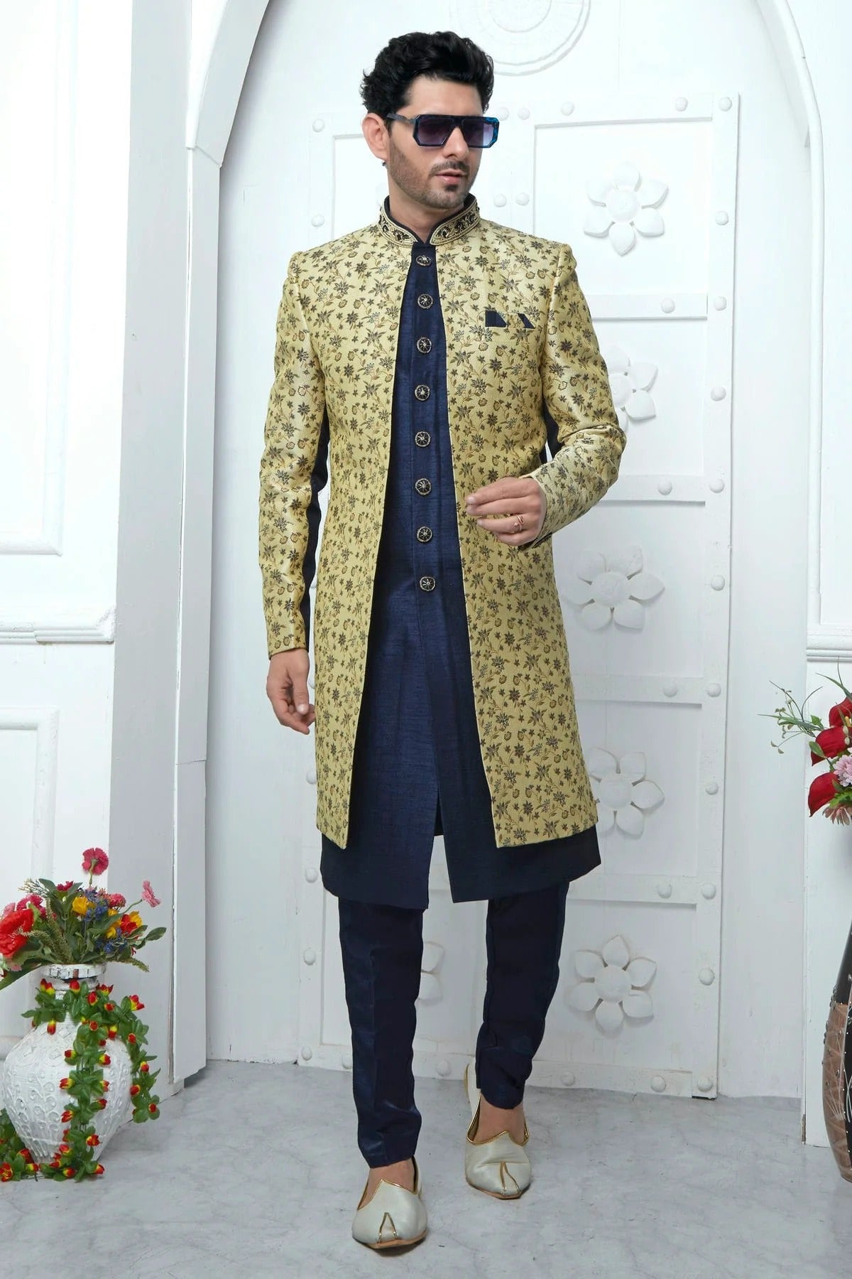 Beige Jacquard Silk Indowestern Sherwan With Aligadhi Pant  NCSH12310330