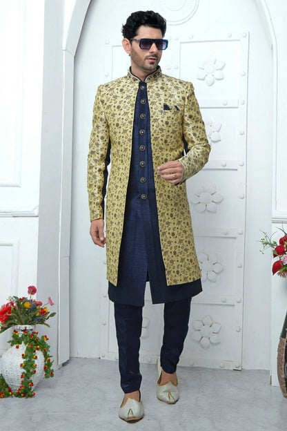 Beige Jacquard Silk Indowestern Sherwan With Aligadhi Pant  NCSH12310330