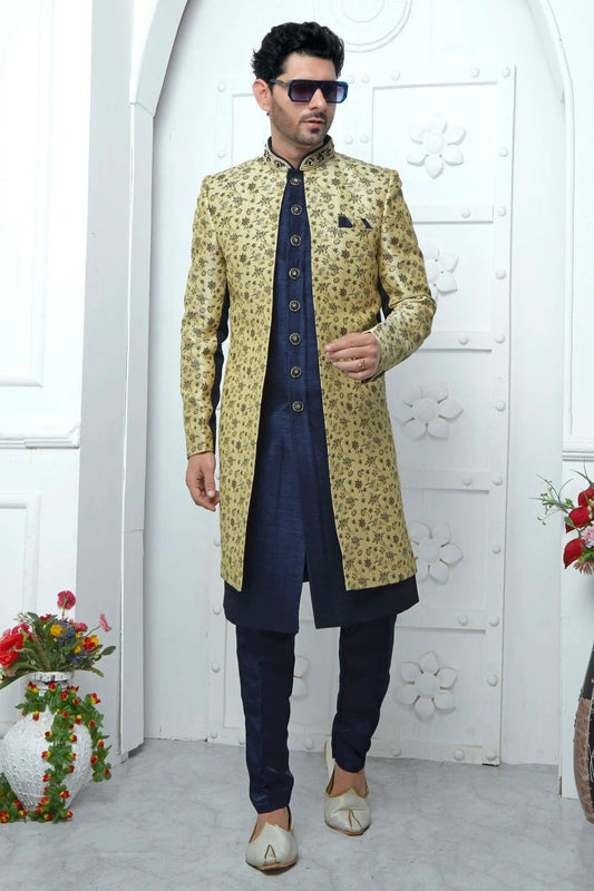 Beige Jacquard Silk Indowestern Sherwan With Aligadhi Pant  NCSH12310330