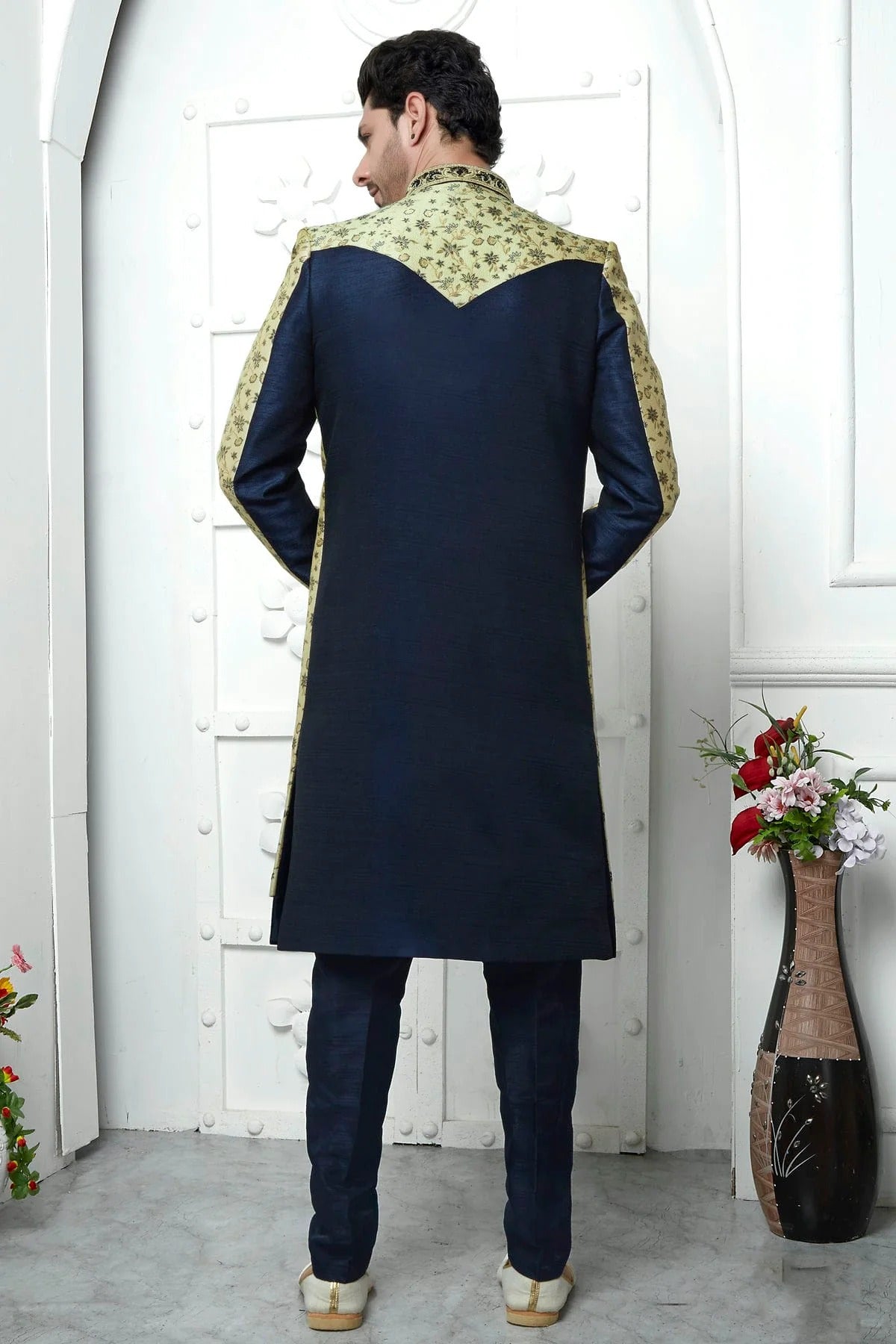 Beige Jacquard Silk Indowestern Sherwan With Aligadhi Pant  NCSH12310330