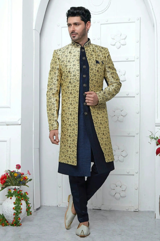 Beige Jacquard Silk Indowestern Sherwan With Aligadhi Pant NCSH12310330
